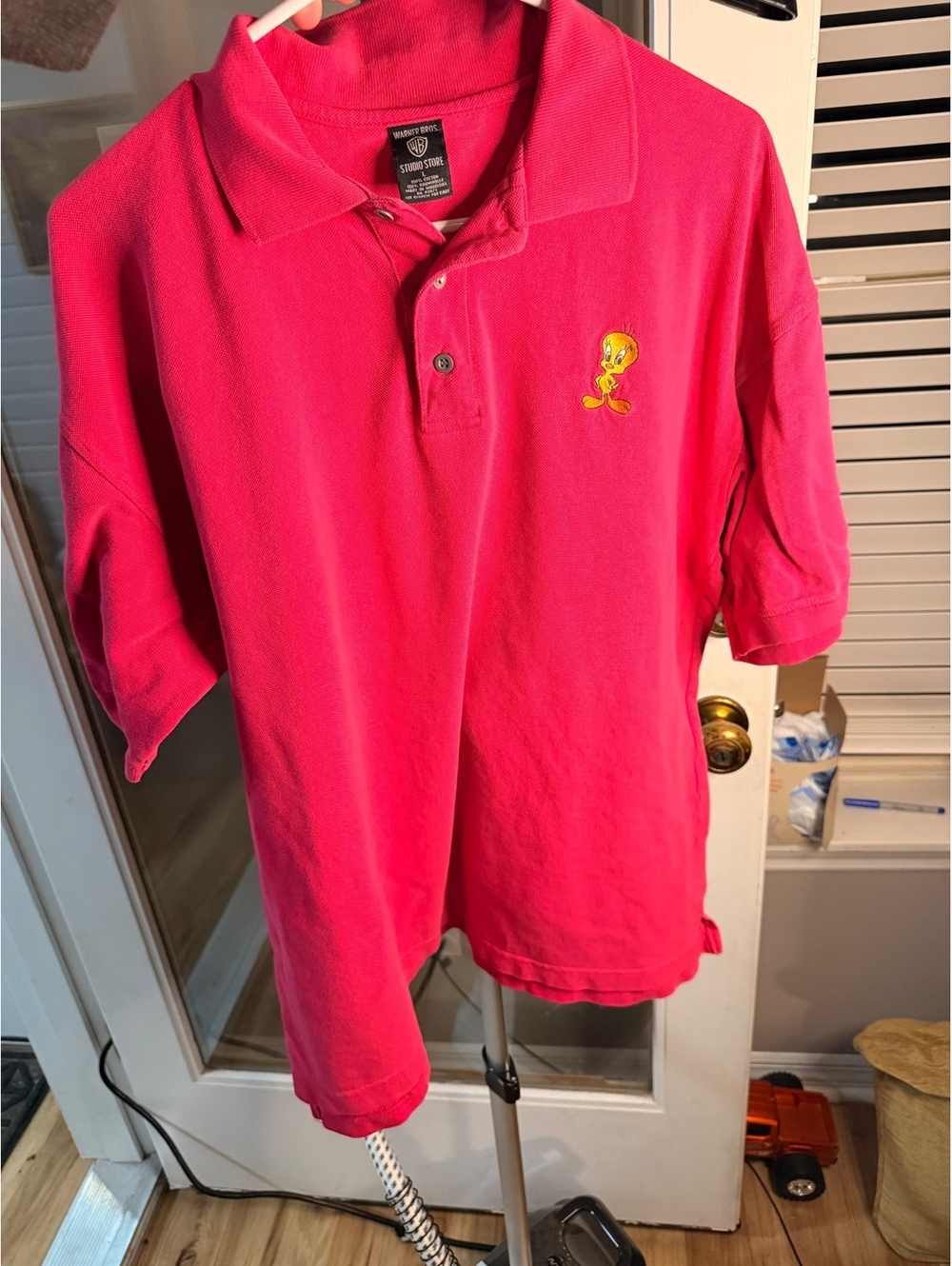 Warner Bros. Men's Pink Cotton Polo Shirt with Embroidered Tweety Bird Logo Size